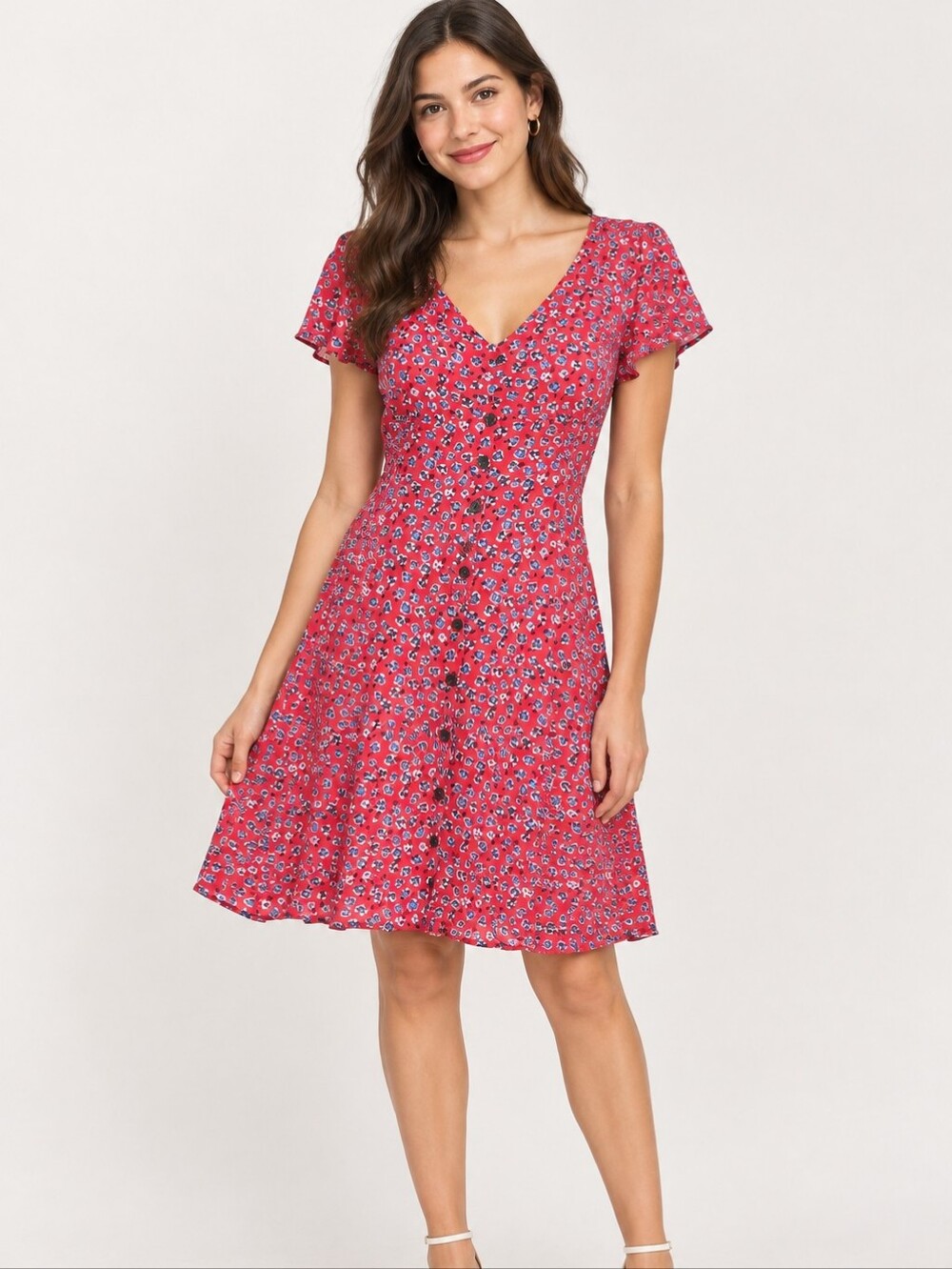 Mason & Belle Floral V-Neck Button-Front Dress in Fuchsia Size Medium Nwt